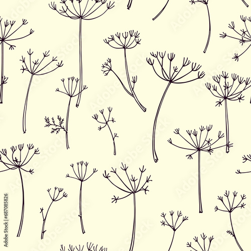Vector seamless pattern with hand drawn dill umbels. Beautiful ink drawing  vintage botanical style. Perfect for prints and patterns