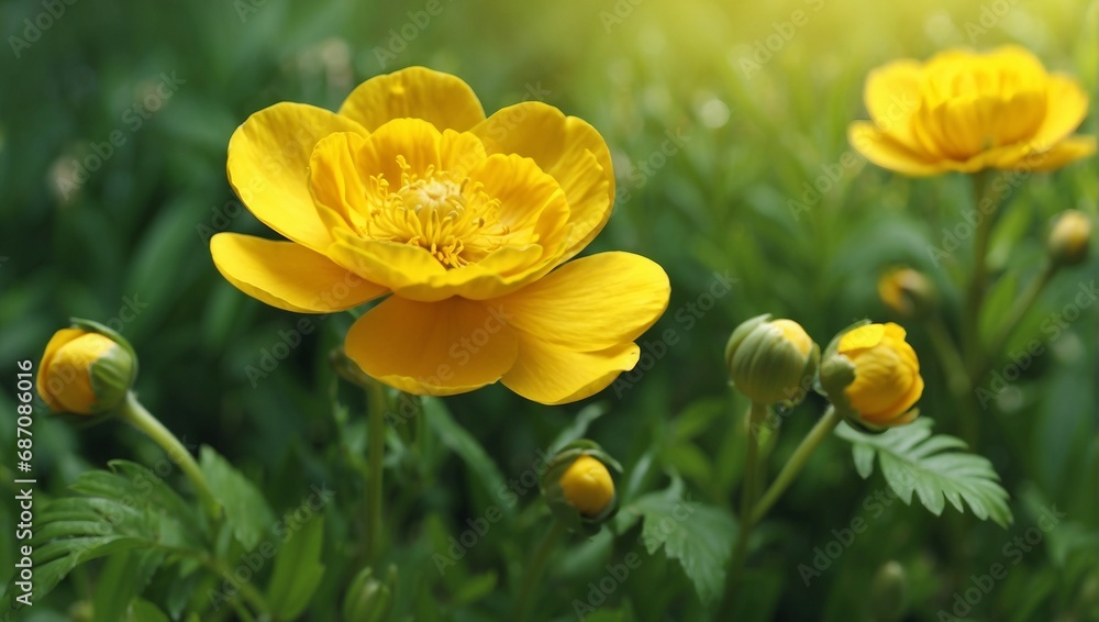 Fototapeta premium Vibrant yellow flowers in a green garden with sunlight 