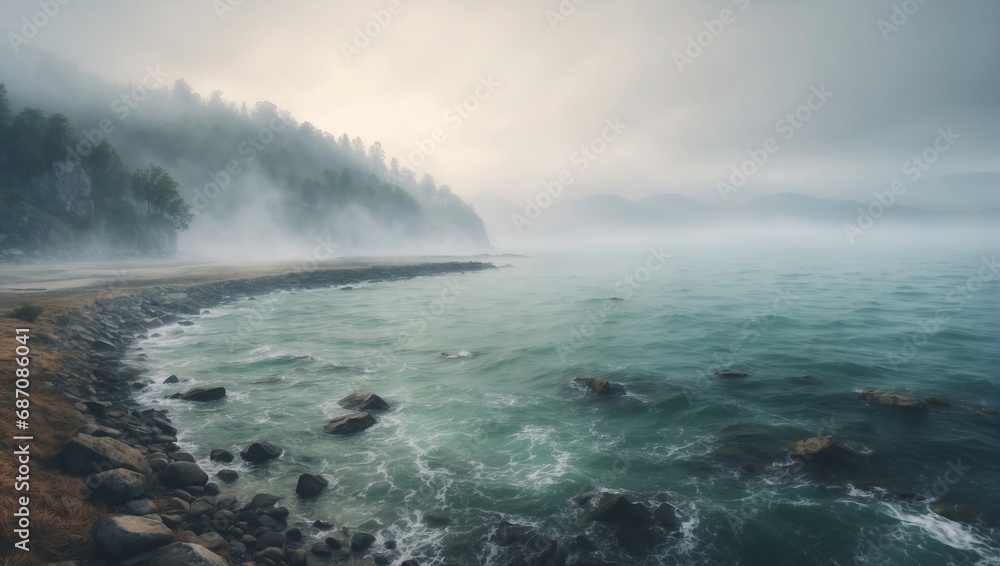 Misty morning landscape with Peaceful sea and cloudy sky
