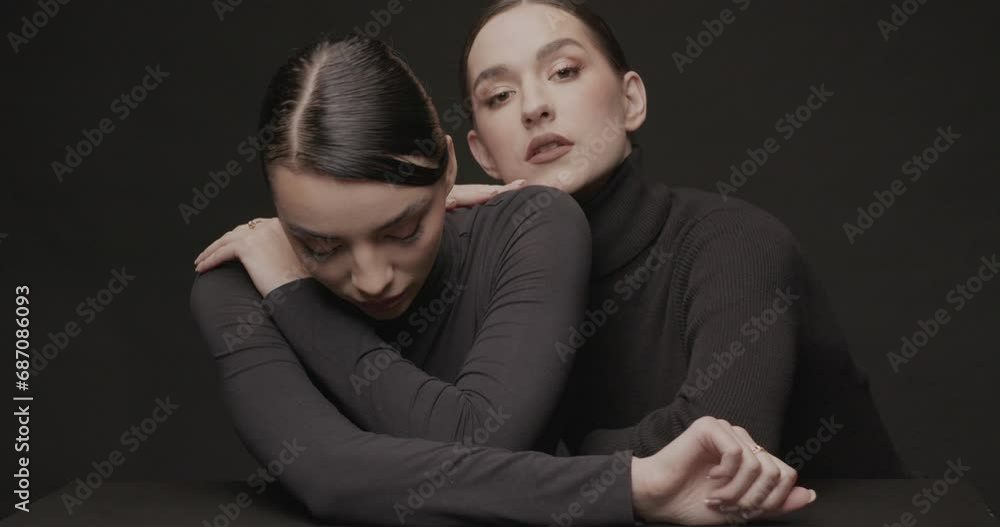 Two young elegant women with good makeup on a black background Two young elegant women with good makeup on a black background