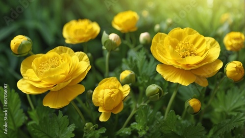 Vibrant yellow flowers in a green garden with sunlight 