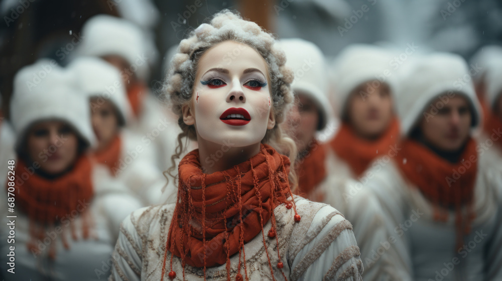 A beautiful girl in a fashionable winter dress, with an original hairstyle and special makeup on her face on a blurry background of a Christmas costume procession. Theatrical winter performances