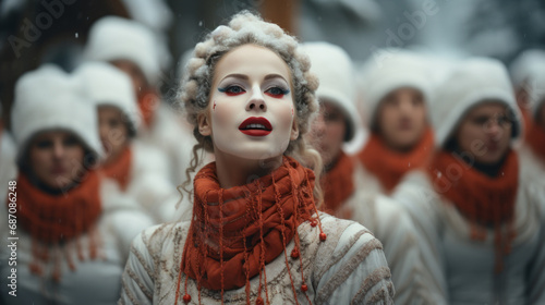 A beautiful girl in a fashionable winter dress, with an original hairstyle and special makeup on her face on a blurry background of a Christmas costume procession. Theatrical winter performances