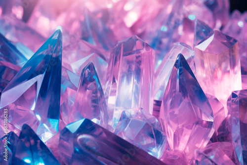 Abstract background of blue and pink crystals with refraction of light 