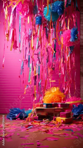 A vibrant New Year's fiesta theme with lively pinatas and colorful confetti, spread over a hot pink canvas. Party. Vertically oriented. 
