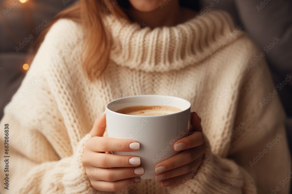 Woman wearing a warm pullover and holding a cup of coffee. Drink at morning. A girl in a cozy house drinks a hot drink. Woman wearing a warm pullover and holding a cup of coffee. Drink at morning. A girl in a cozy house drinks a hot drink.