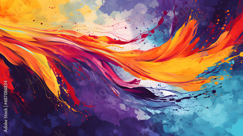 Dynamic abstract background with colorful brush strokes and splashes