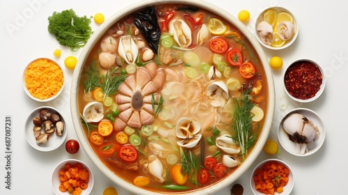 a pot of bubbling hotpot broth, with an assortment of ingredients arranged neatly around it, creating a colorful and appetizing display on a clean white surface.