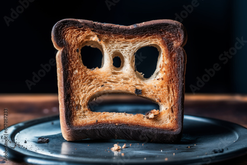 Burnt toast with an angry face expressing the emotion of sadness or sarcasm. Burnt toast bread slices out of a toaster. Сoncept of unsuccessful breakfast preparation before a work day or weekend