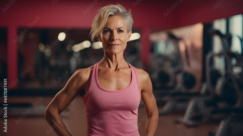 Mature woman standing in a fitness studio. generative ai. Mature woman standing in a fitness studio. generative ai.