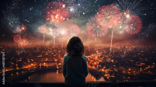 Silhouette of a Kid watching Beautiful midnight fireworks above the city. Child adores stunning fireworks show. Kid watching Bright and colorful fireworks at a festival.