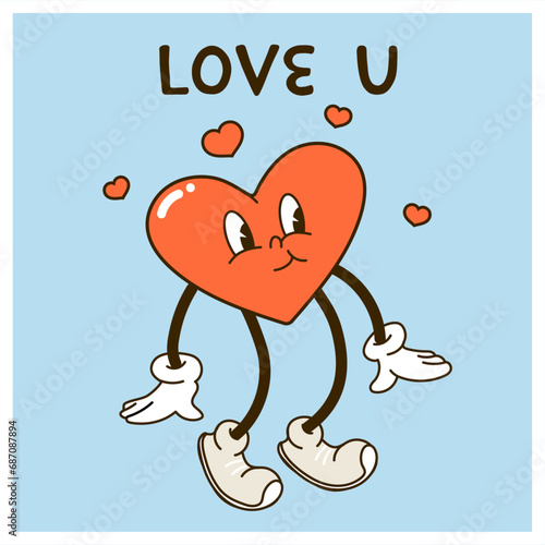 Valentines day greeting card with groovy heart character