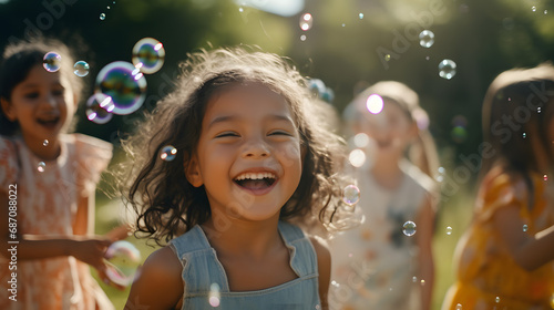 Multi-ethnic group of little friends with toothy smiles on their faces enjoying warm sunny day while participating in soap bubbles show. generative ai.