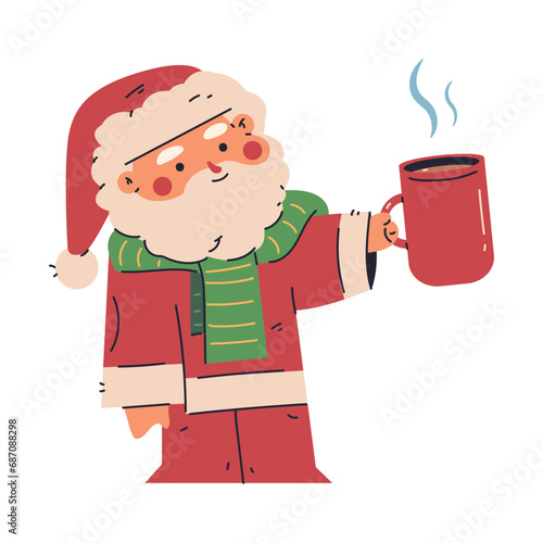 Cute Santa Claus with red mug vector Christmas cartoon character.