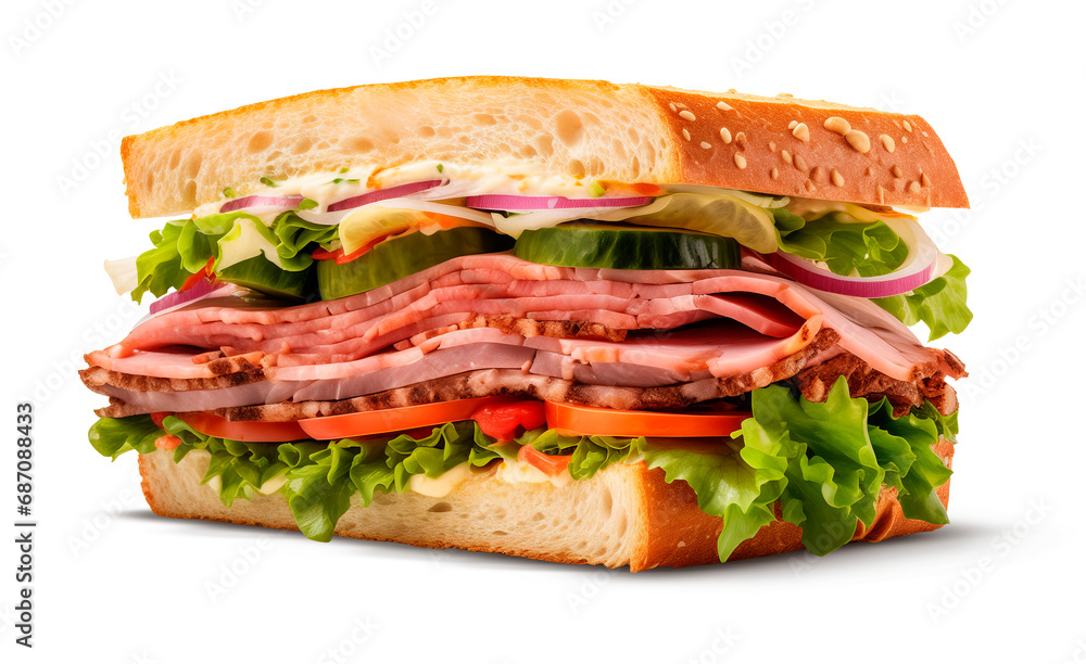 Premium Pork Ham Sandwich with Tomato, Lettuce, Onion, and Cucumber on White Background Premium Pork Ham Sandwich with Tomato, Lettuce, Onion, and Cucumber on White Background