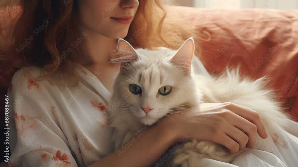Femme tenant son chat de compagnie contre elle, chat blanc à poils longs