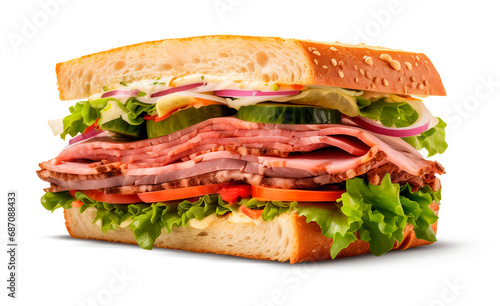Premium Pork Ham Sandwich with Tomato, Lettuce, Onion, and Cucumber on White Background