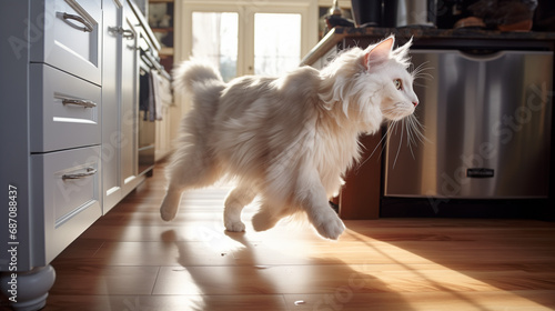 Chat blanc de race Maine Coon courant dans la cuisine au son des croquettes photo