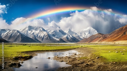 a rainbow spans across an isolated valley, its vibrant colors arching gracefully against the pristine white surface, creating a surreal and enchanting natural spectacle.