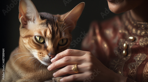 Gros plan d'une femme approchant sa main d'un chat de race abyssin photo
