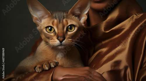 Gros plan d'un chat de race abyssin dans les bras de sa maîtresse photo
