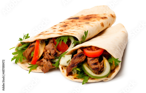 Mexican Culinary Duo: Two Delicious Fajitas Filled with Savory Meat on a White Background