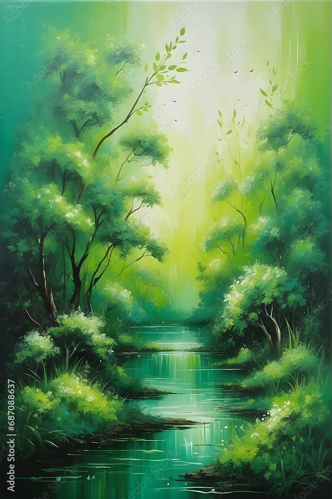 Fototapeta premium Abstract green nature textured oil painting