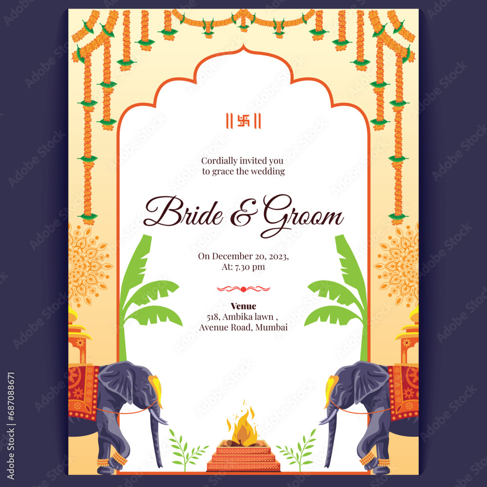 hindu indian wedding card design, wedding invitation template - obrazy, fototapety, plakaty 