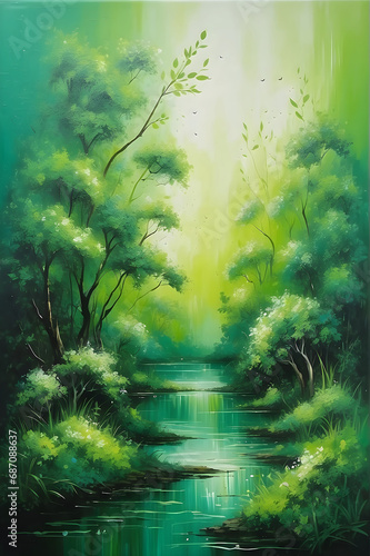 Abstract green nature textured oil painting