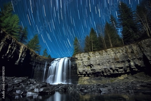 Night image with startrails and autumnal foliage on Waterfall river