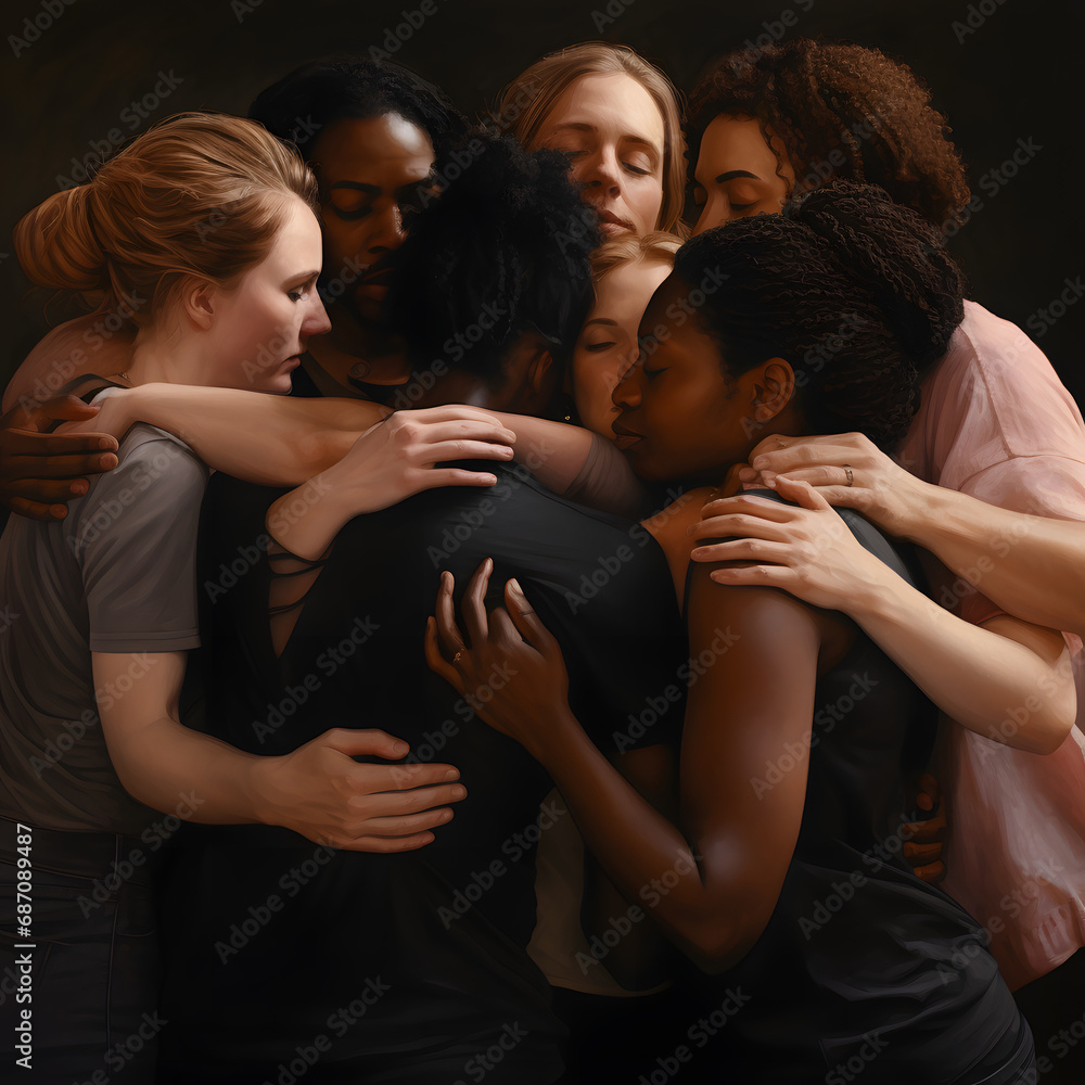 Rearview of diverse people hugging each other. generative ai. Rearview of diverse people hugging each other. generative ai.