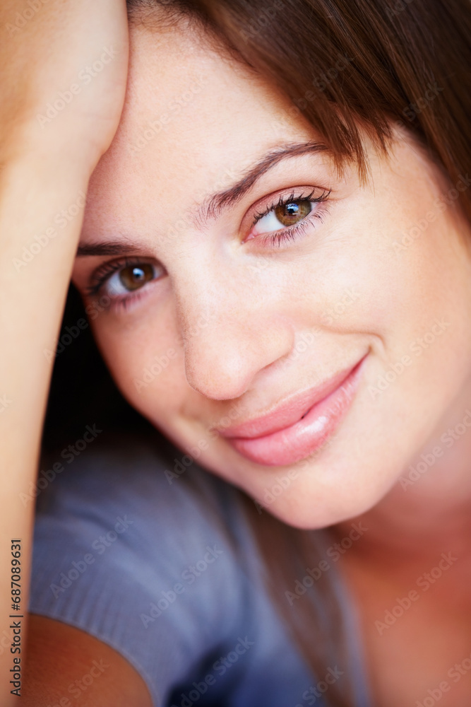 Obraz premium Happy, relax and portrait of woman with beauty and positive attitude, confidence and calm in home. Attractive, house and face closeup of person with joyful, smile and cheerful facial expression