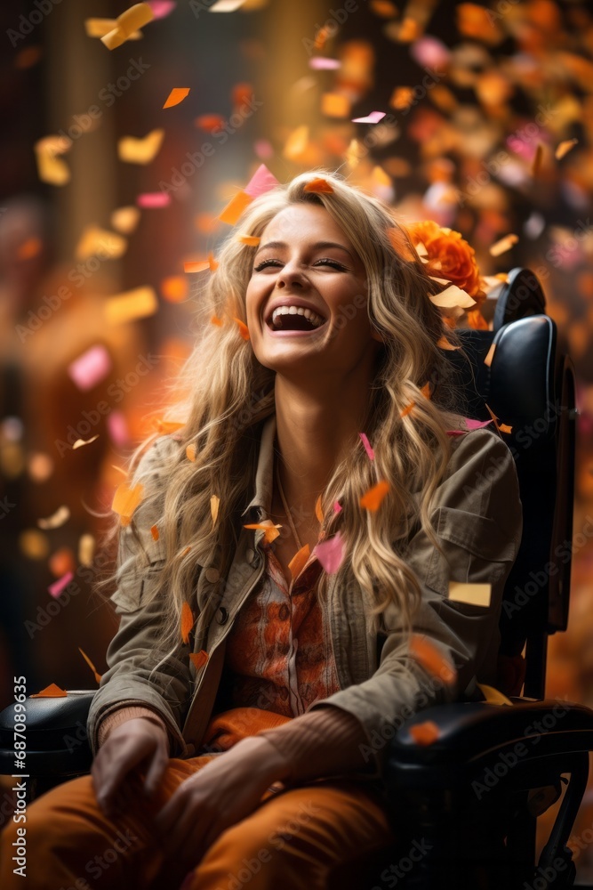 Young disabled woman in wheelchair and enjoying flying confetti, happiness, joy, street festival, holiday, carnival Young disabled woman in wheelchair and enjoying flying confetti, happiness, joy, street festival, holiday, carnival
