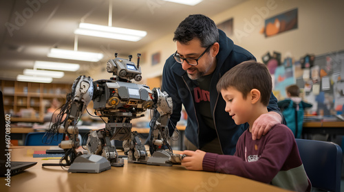 school coding Teacher demonstrates mechanical robot programming to young students. generative ai.