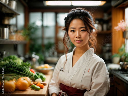 Traditional japanese chef woman. Generated by AI photo