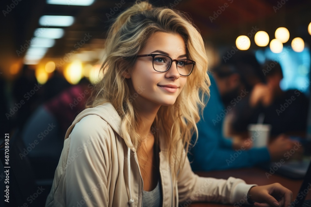 Beautiful woman with glasses sits at her desk and works on laptop in modern office, freelance, businesswoman, work in company, profession Beautiful woman with glasses sits at her desk and works on laptop in modern office, freelance, businesswoman, work in company, profession