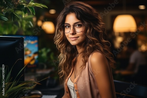 Beautiful woman with glasses sits at her desk and works on laptop in modern office, freelance, businesswoman, work in company, profession