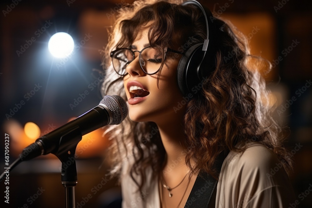Portrait of young woman in specialized headphones who sings into microphone in recording studio, singing, songwriting, karaoke Portrait of young woman in specialized headphones who sings into microphone in recording studio, singing, songwriting, karaoke