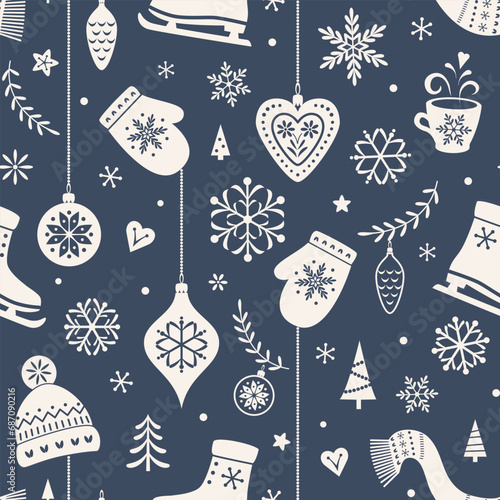 Scandinavian folk ornaments snowflakes  seamless pattern. Christmas winter navy background. Vector illustration.