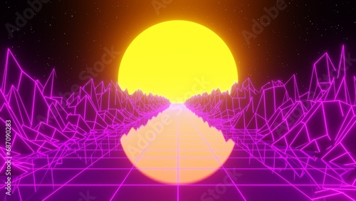 3d pink and yellow neon 80s 90s retrowave sunset road. Retro cyberpunk sci-fi futuristic background. Glow and shine synthwave y2k