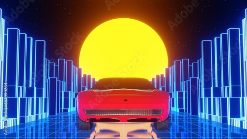 3d city houses car neon 80s 90s retrowave sunset road. Retro cyberpunk sci-fi futuristic background. Glow and shine synthwave y2k