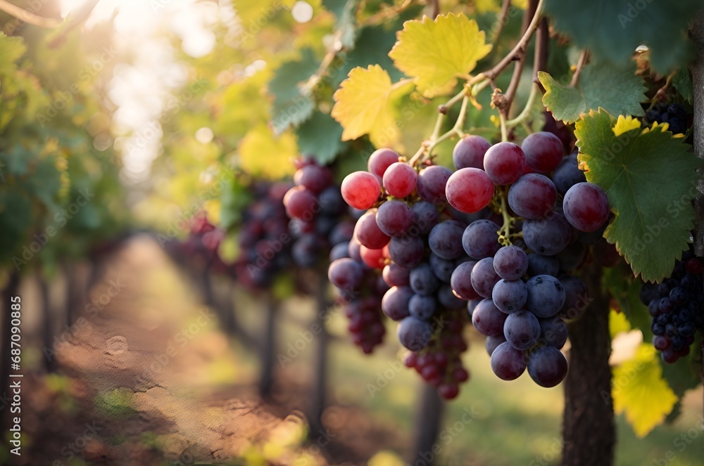 Fototapeta premium Fresh ripe grapes on a vineyard in a farm in the sunshine. 