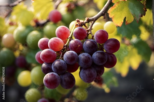 Bunch of grapes on a vine in a farm, Fresh red grapes in the sunshine. 
