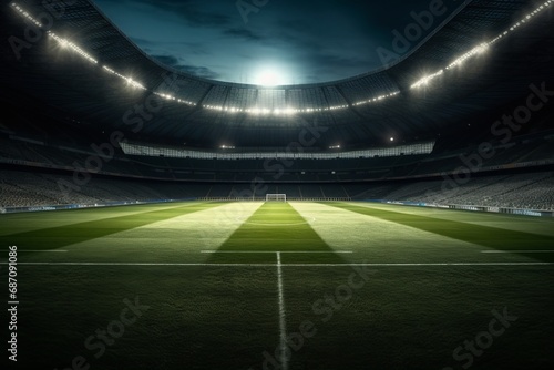 Empty stadium with lush green grass, ready for a soccer or football match. Pristine field awaits excitement and energy of game, embodying the anticipation and potential for thrilling sports moments.