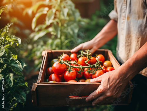 Man farmer putting tomatoes in box on eco farm. Farming, gardening. Harvest time. © Lukas Kubala