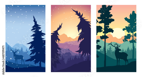 Fairy forest. Abstract landscape with a snowy forest, small house and deer. Three vector illustrations.