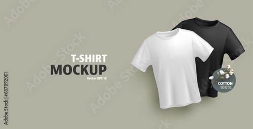 Black and white male t-shirt mockup with place for print show case, with cotton material 3d label