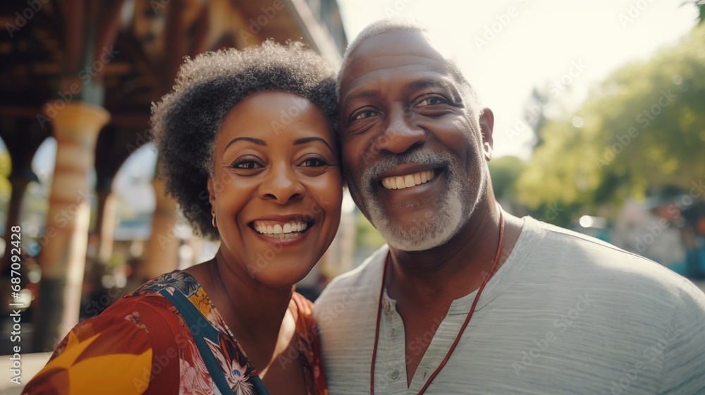 Portrait Mature African American old handsome and beauty couple travel outdoor Portrait Mature African American old handsome and beauty couple travel outdoor
