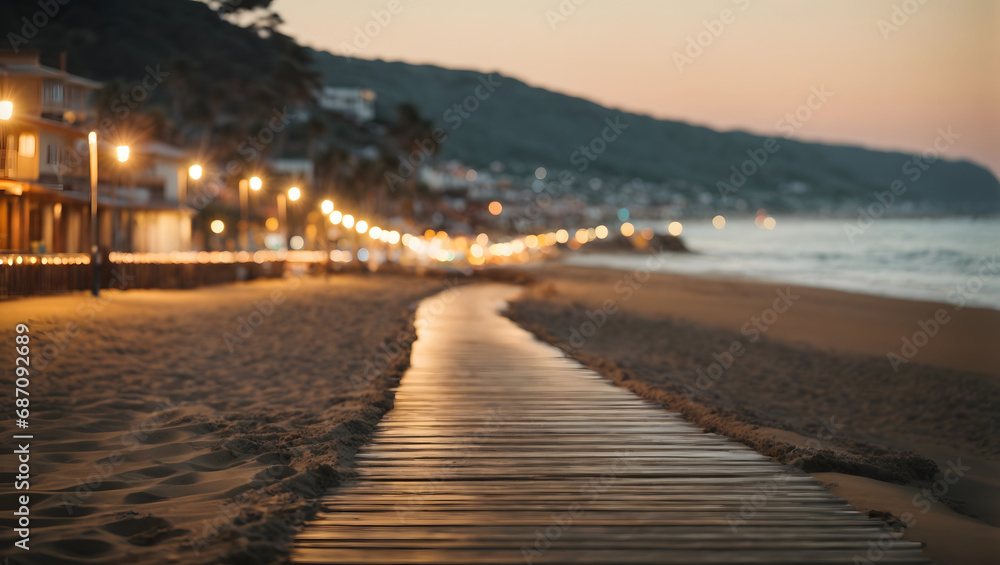 An abstract beach scene featuring a coastal walkway lined with bokeh lights, evoking a nostalgic and enchanting atmosphere along the seaside.