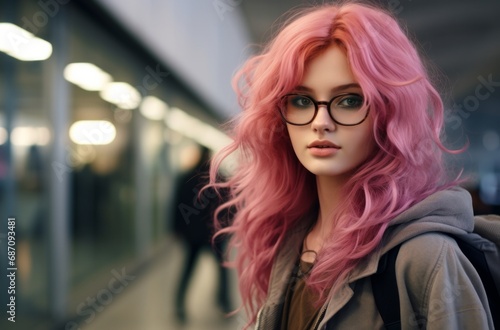 Stylish Woman with Pink Hair in Subway.